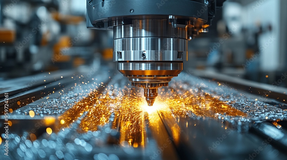 Poster precision engineering in action: a cnc machine carves through metal with laser-like precision, showe
