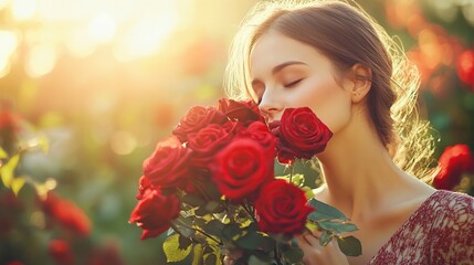 Beautiful young woman is holding and smelling a red rose while closing her eyes enjoying the aroma.