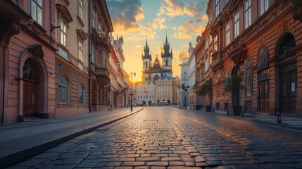 Empty cobblestone street bathed in soft light leading to an ornate historic cathedral at sunset