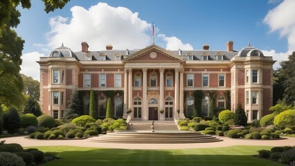 Obraz premium Stately mansion-like university building, combining traditional and modern architectural styles, set against a backdrop of landscaped gardens