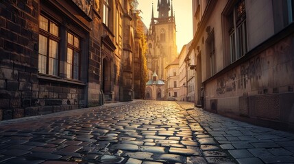 Naklejka premium Empty cobblestone street bathed in soft light leading to an ornate historic cathedral at sunset