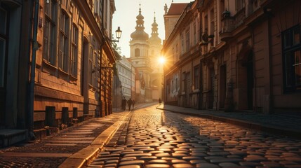 Obraz premium Empty cobblestone street bathed in soft light leading to an ornate historic cathedral at sunset