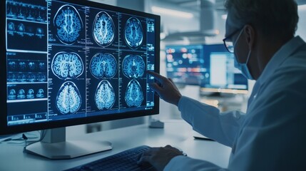 A doctor in an anonymous modern medical research center points at a desktop computer monitor that uses software to visualize a human brain based on an MRI scan. A neurologist searching for brain damag