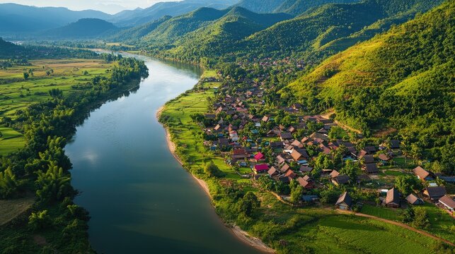 Bird's eye view of the quiet village of Muang Ngoi Neua, nestled along the banks of the Nam Ou River amid green hills.