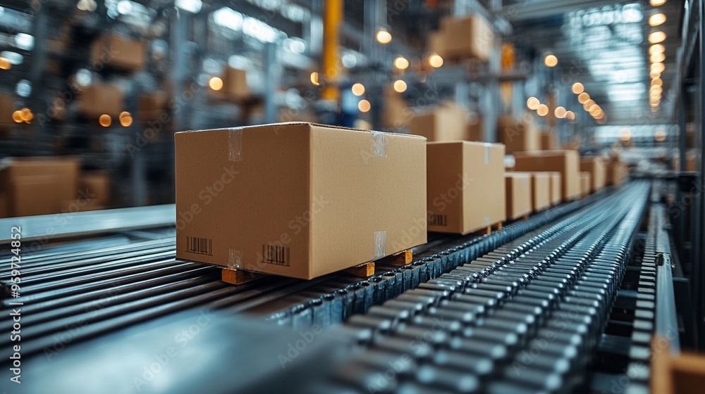 Poster automated logistics: cardboard boxes glide through a modern factory, showcasing the efficiency of au