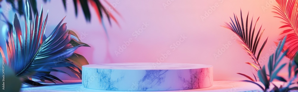 Poster marble podium mockup featuring a white palm leaf against a light backdrop evoking a tropical summer 