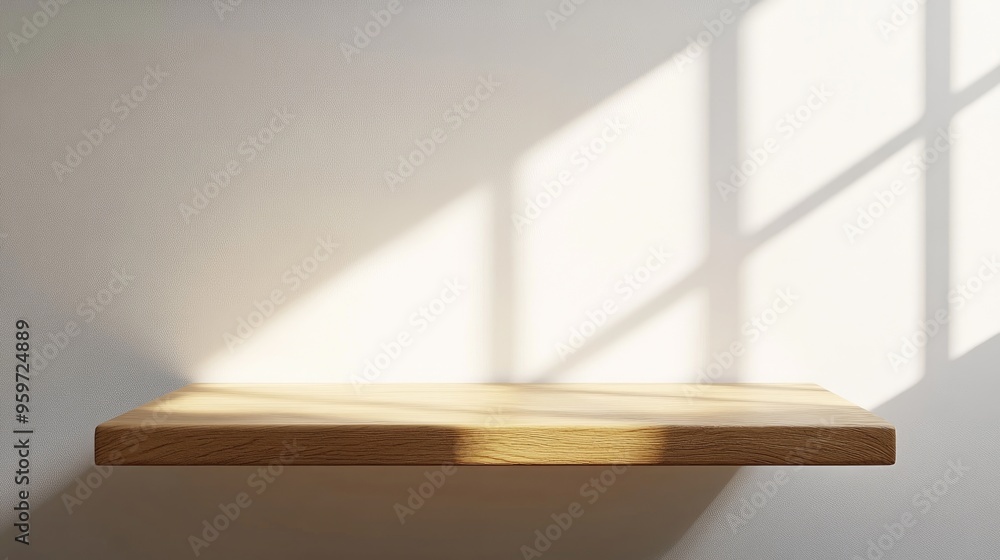 Poster A simple wooden board or tabletop is positioned against a white wall with sunlight creating shadows A minimalist backdrop for product display 3D render 3D illustration
