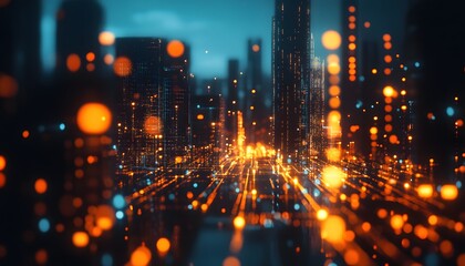 Obraz premium Futuristic Cityscape with Illuminated Buildings and Bokeh Lights
