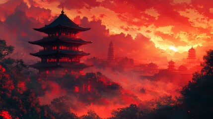 Obraz premium Sunset Over Mystical Pagoda Landscape