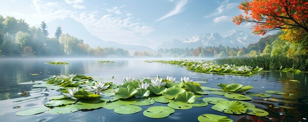 Peaceful lake with lily pads and blooming flowers, 4K hyperrealistic photo