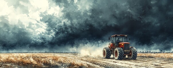 Grader working under a stormy sky, dramatic tension, watercolor style