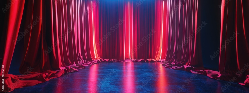Poster stage with red draped curtains 3d visualization