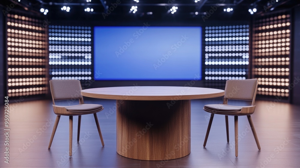 Aufkleber Wooden table and chairs positioned on a stand with a LED screen backdrop in a news studio setting 3D rendering