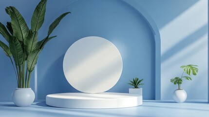 Abstract geometric white podium mockup for product presentation against a blue background 3D render 3D illustration