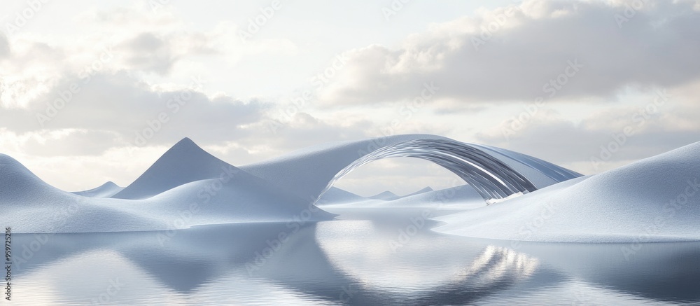 Poster surreal dreamlike landscape featuring abstract dunes in a winter setting complemented by a geometric