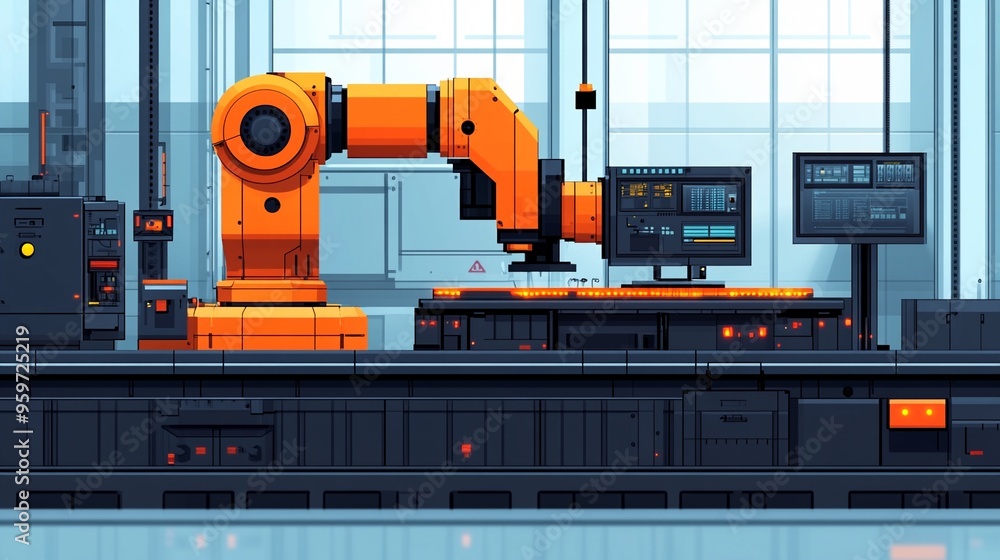 Aufkleber automated precision: an orange robotic arm poised over a high-tech assembly line, embodying the futu