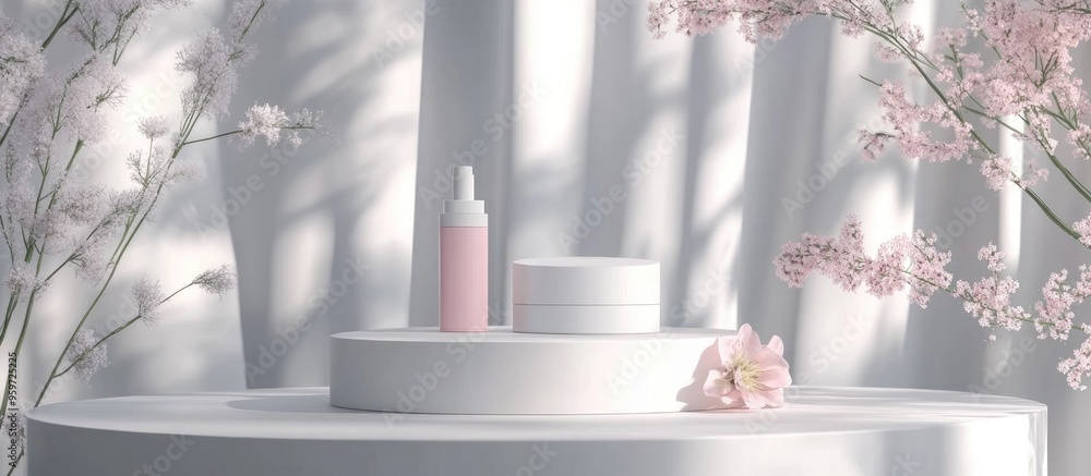 Poster 3D White Podium Background for Product Display and Promotion Featuring a Cosmetic Product Showcase 3D Rendering for Enhanced Presentation Mock up Design to Highlight Products