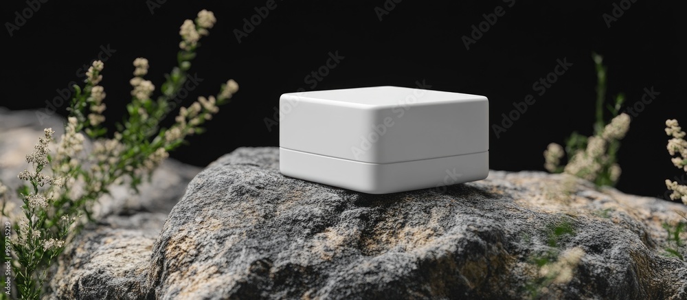 Poster square cosmetic container on a rock surface with a black backdrop 3d rendering