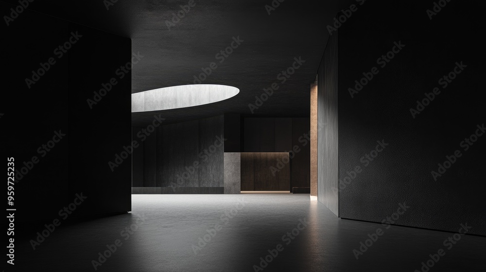 Aufkleber Modern abstract architecture with a black background featuring an empty open space interior 3D rendering
