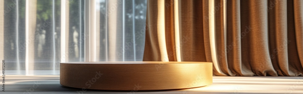 Poster Abstract still life featuring a wooden round podium design for product display complemented by a curtain in 3D render