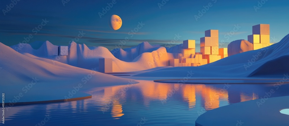 Poster Vibrant abstract landscape featuring unusual cubes illuminated desert dunes and captivating water reflections in a nighttime setting 3D rendered illustration with a unique background pattern for d