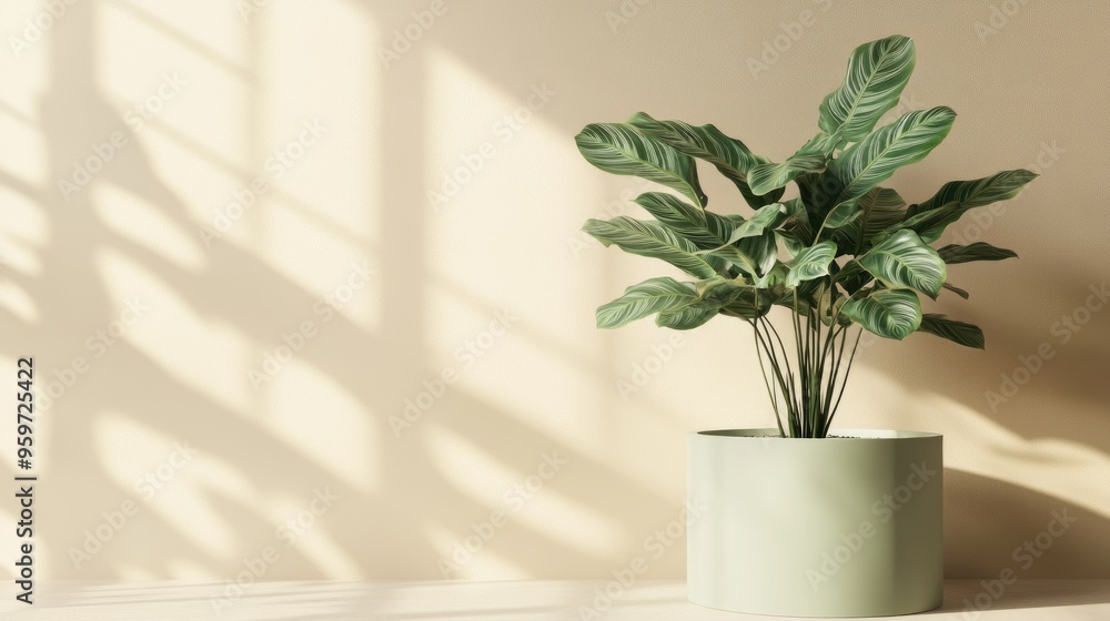 Aufkleber calathea plant on beige wall 3d render of a green cylinder podium in an empty mockup setting