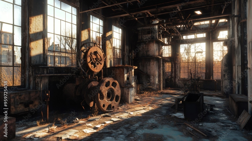 Poster rusty machinery and broken windows inside an abandoned factory illuminated by sunlight.