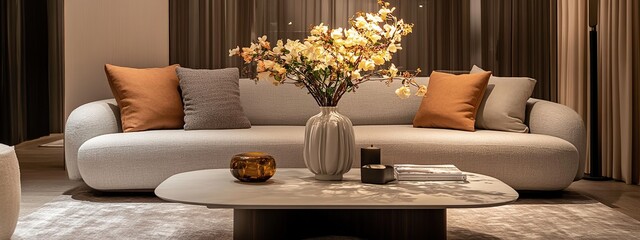 Contemporary living room with warm lighting featuring a sleek sofa and a vase of flowers on the table