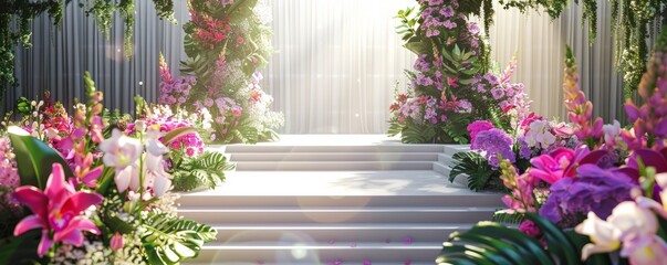 Graduation ceremony stage with floral arrangements, 4K hyperrealistic photo