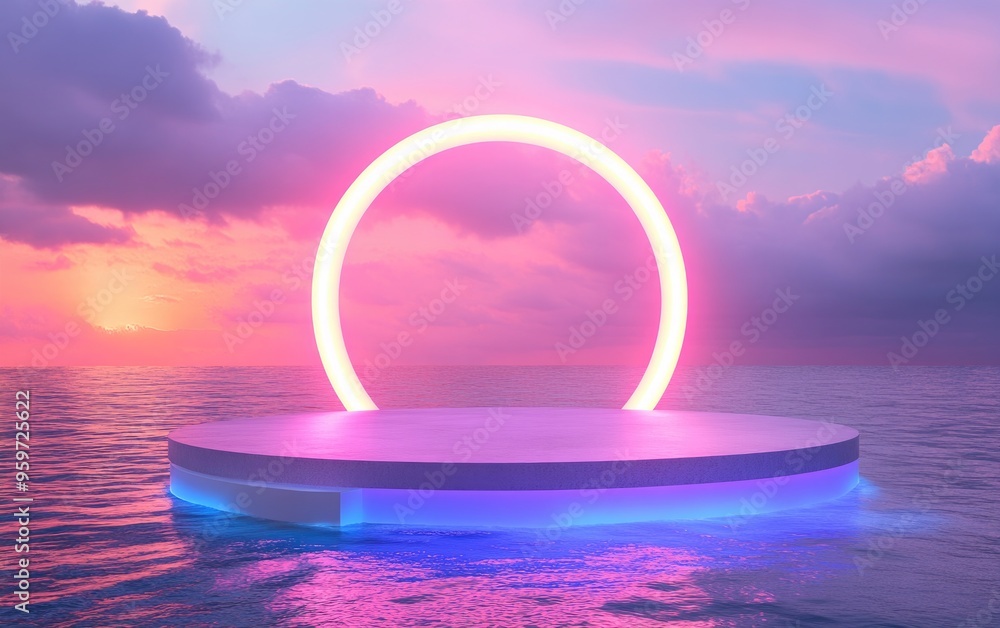 Poster Water podium with a colorful sky backdrop for advertising display 3D rendering