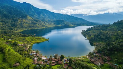 Bird's eye view of the serene Lake Maninjau in West Sumatra, nestled among the lush hills and surrounded by small villages.