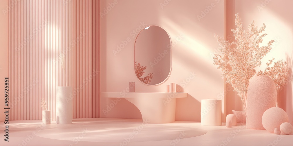 Aufkleber Abstract geometric shapes in pastel pink hues create a minimalistic scene with decorative elements and props designed for showcasing cosmetics or product displays in a 3D render