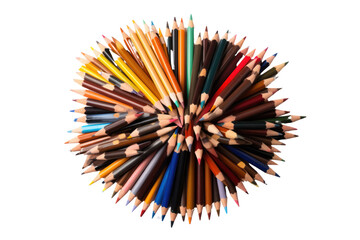 A variety of pencils, including charcoal, colored, and mechanical pencils, scattered across a white background, isolated on a white background