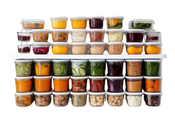 A variety of plastic food storage containers in different shapes and sizes, arranged neatly on a white background