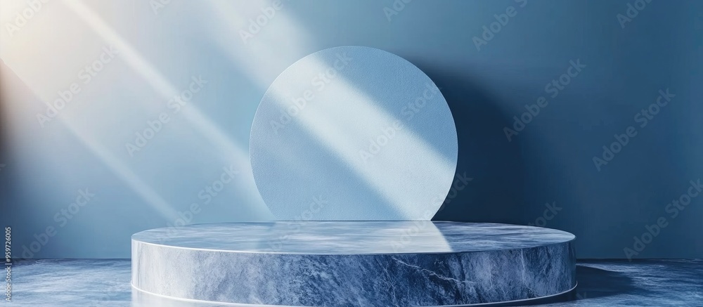 Poster elegant product showcase featuring a luxurious geometric podium set against a blue backdrop designed
