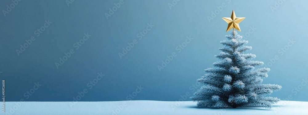 Aufkleber Minimalist product backdrop for winter holiday theme Christmas tree adorned with a golden star set against a blue background 3D rendered illustration with clipping paths for each element included