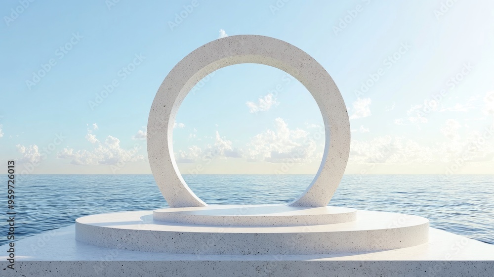 Poster round opening with ocean views terrazzo stone sculpture unoccupied platform for mockup design bright