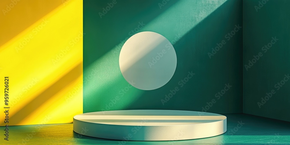 Poster Minimal abstract geometric background featuring direct sunlight in green and yellow tones An empty podium is highlighted for product presentation in a 3D rendering