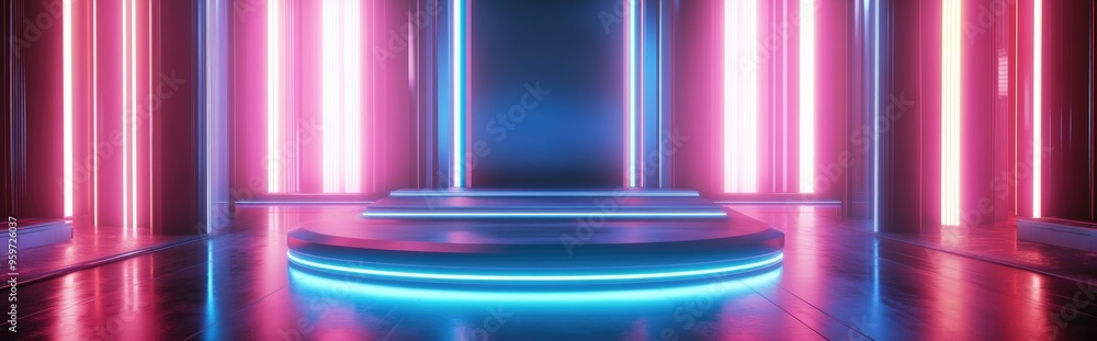 Poster neon futuristic podium showcase 3d rendering