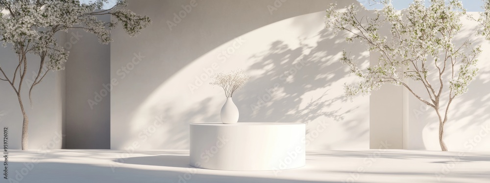 Aufkleber Minimalist white podium for product presentation in a landscape setting created through 3D rendering