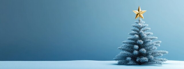 Minimalist product backdrop for winter holiday theme Christmas tree adorned with a golden star set against a blue background 3D rendered illustration with clipping paths for each element included