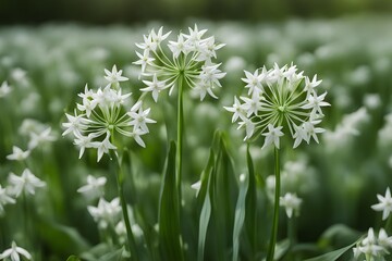 White wild garlic flowers with star shaped petals and green stems, AI Generated