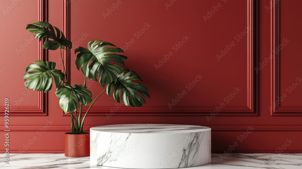 Poster white marble podium against a square red wall with a green monstera plant 3d rendering of an empty s
