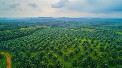 Obraz premium Bird's eye view of the sprawling palm oil plantations in Johor, stretching towards the horizon.
