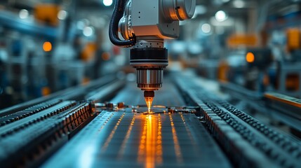 Precision in Motion: A robotic arm executes a welding task with pinpoint accuracy, showcasing the power of automation in a modern industrial setting. 