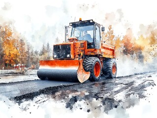 Road roller smoothing fresh asphalt, urban construction site, watercolor style