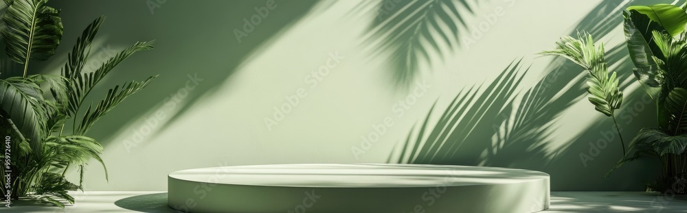 Poster green podium set against an abstract background featuring shadows from sunshade and plants on a wall