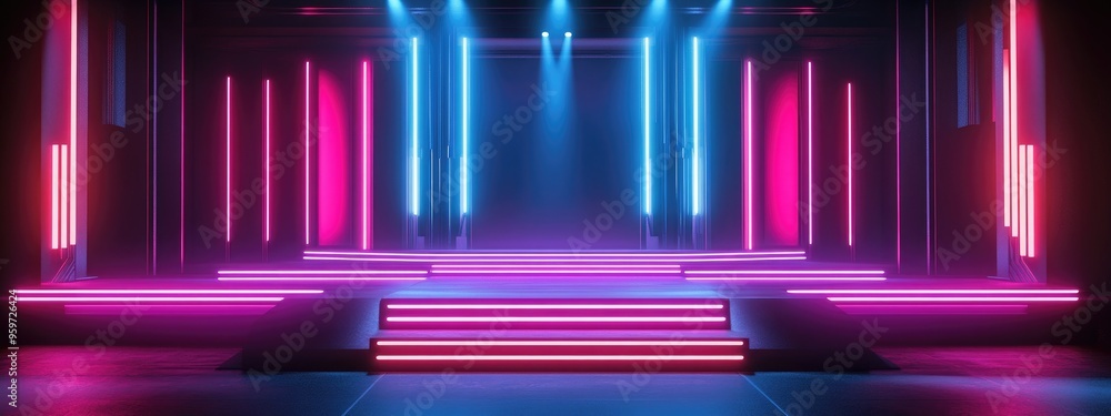 Aufkleber neon lights and glowing beams on a futuristic podium in a sci fi cyber dance stage with a dark backg