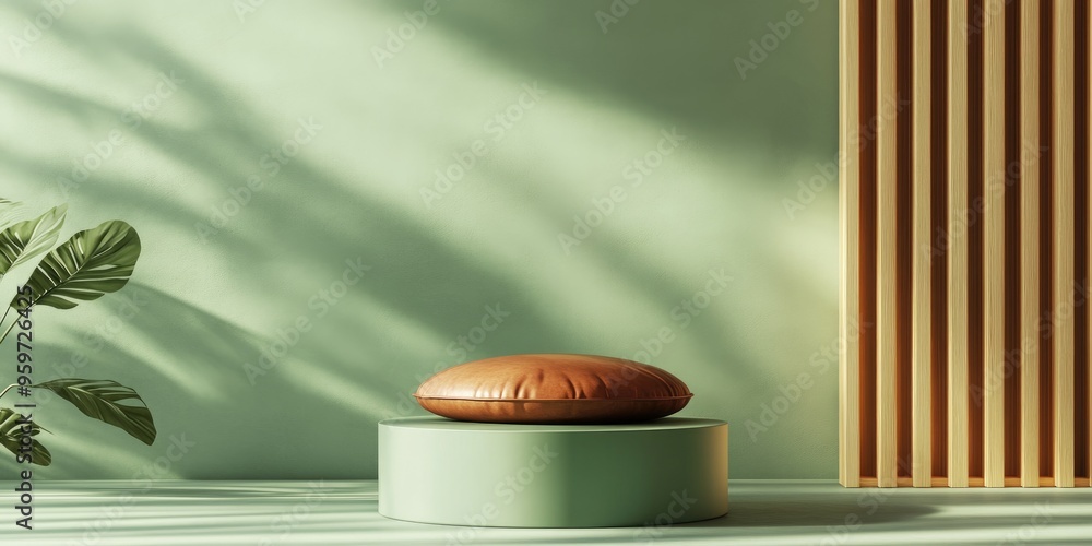 Poster abstract minimal backdrop featuring a green cylindrical podium with a leather pillow for product sho
