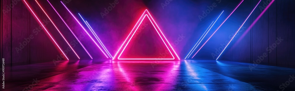 Aufkleber futuristic neon glowing lights in purple and blue triangle shape stage design with lasers for a sci 